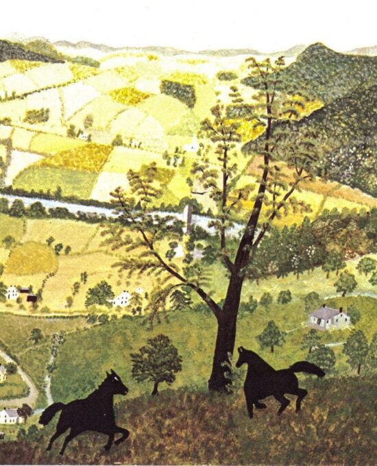 Grandma Moses “Black Horses” 1942 Vintage art book page 13 x 12″