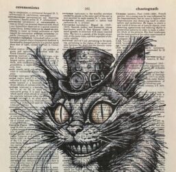 Steampunk Cheshire cat Alice in Wonderland Original art print on unique vintage dictionary paper