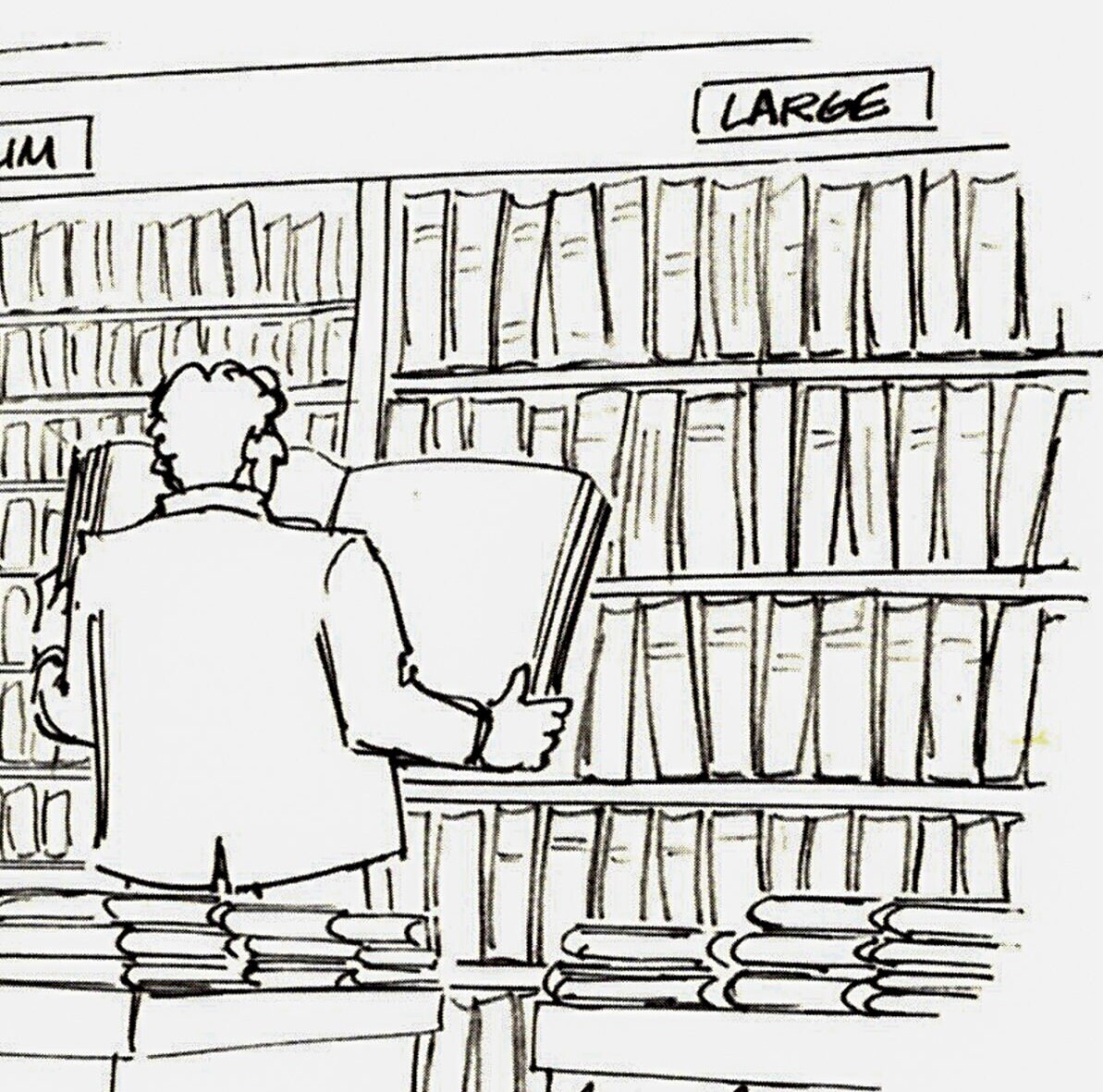 Bookstore scenes Mort Gerberg "Small / Medium / Large" Vintage reader humor art page