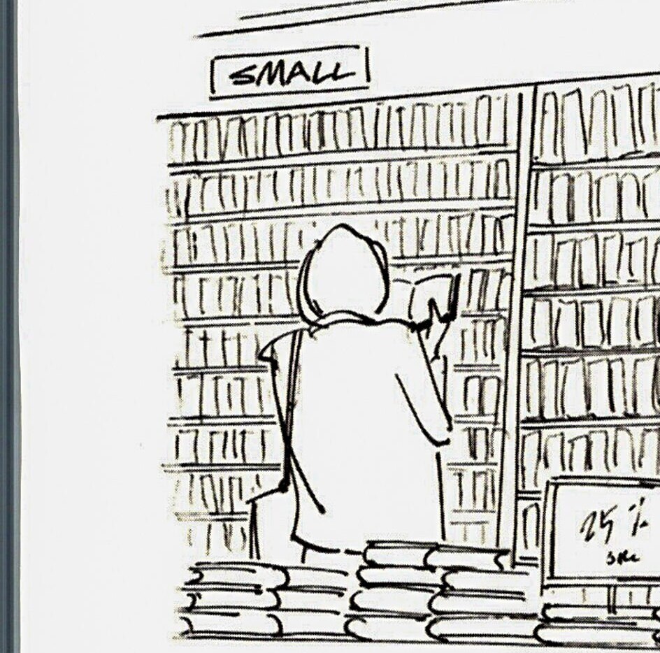 Bookstore scenes Mort Gerberg "Small / Medium / Large" Vintage reader humor art page - Image 2