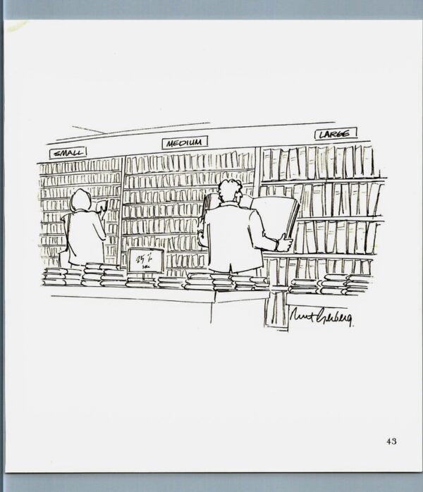 Bookstore scenes Mort Gerberg "Small / Medium / Large" Vintage reader humor art page - Image 3