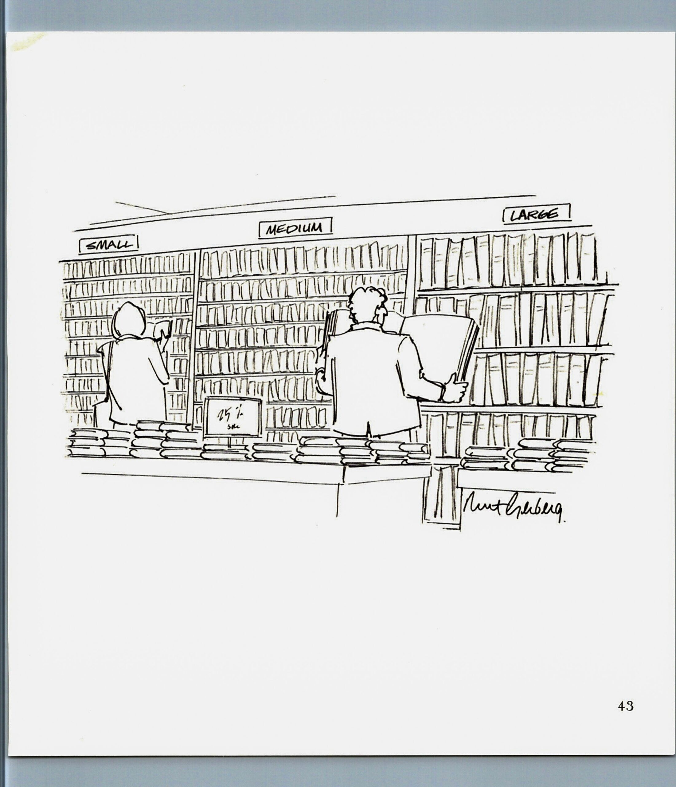 Bookstore scenes Mort Gerberg "Small / Medium / Large" Vintage reader humor art page - Image 3