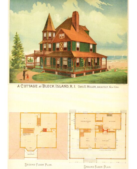 Victorian house design architectural drawings 1886 Vintage book page Block Island / Yonkers 2-sided glossy