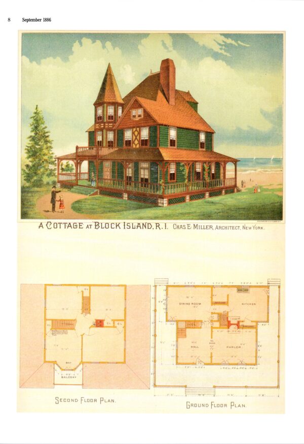 Victorian house design architectural drawings 1886 Vintage book page Block Island / Yonkers 2-sided glossy - Image 2