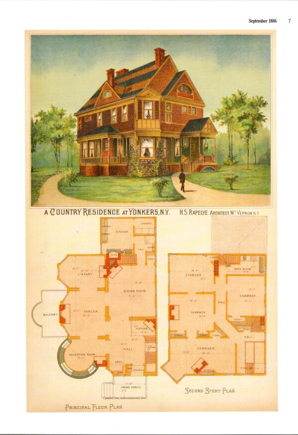 Victorian house design architectural drawings 1886 Vintage book page Block Island / Yonkers 2-sided glossy - Image 3