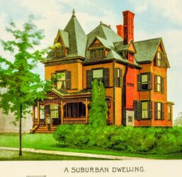 Scientific American 1891 Antique color plate "A Suburban Dwelling" Victorian frontal and floorplan