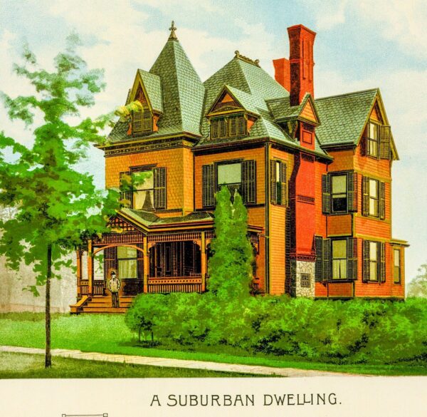 Scientific American 1891 Antique color plate "A Suburban Dwelling" Victorian frontal and floorplan