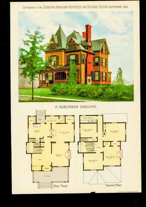 Scientific American 1891 Antique color plate "A Suburban Dwelling" Victorian frontal and floorplan - Image 4