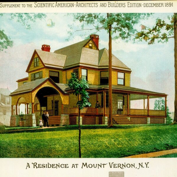 Scientific American 1891 Antique color plate "A Residence in Mount Vernon, NY" Victorian floorplan