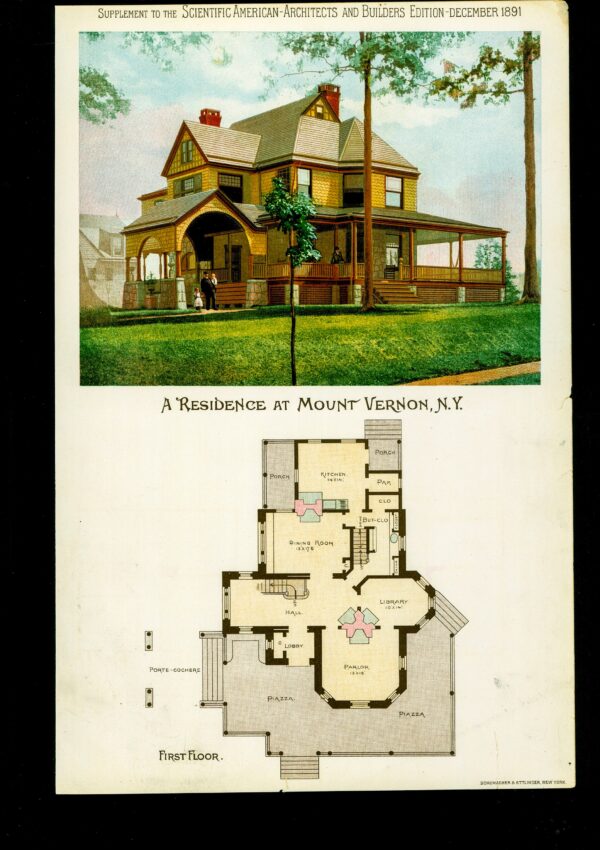 Scientific American 1891 Antique color plate "A Residence in Mount Vernon, NY" Victorian floorplan - Image 3