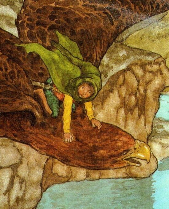 Flying with the Eagles by Michael Hague from The Hobbit Vintage art-book page