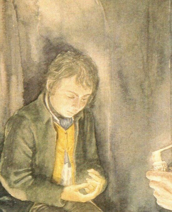 Frodo and Gandalf by Alan Lee from The Fellowship of the Ring Vintage art-book page