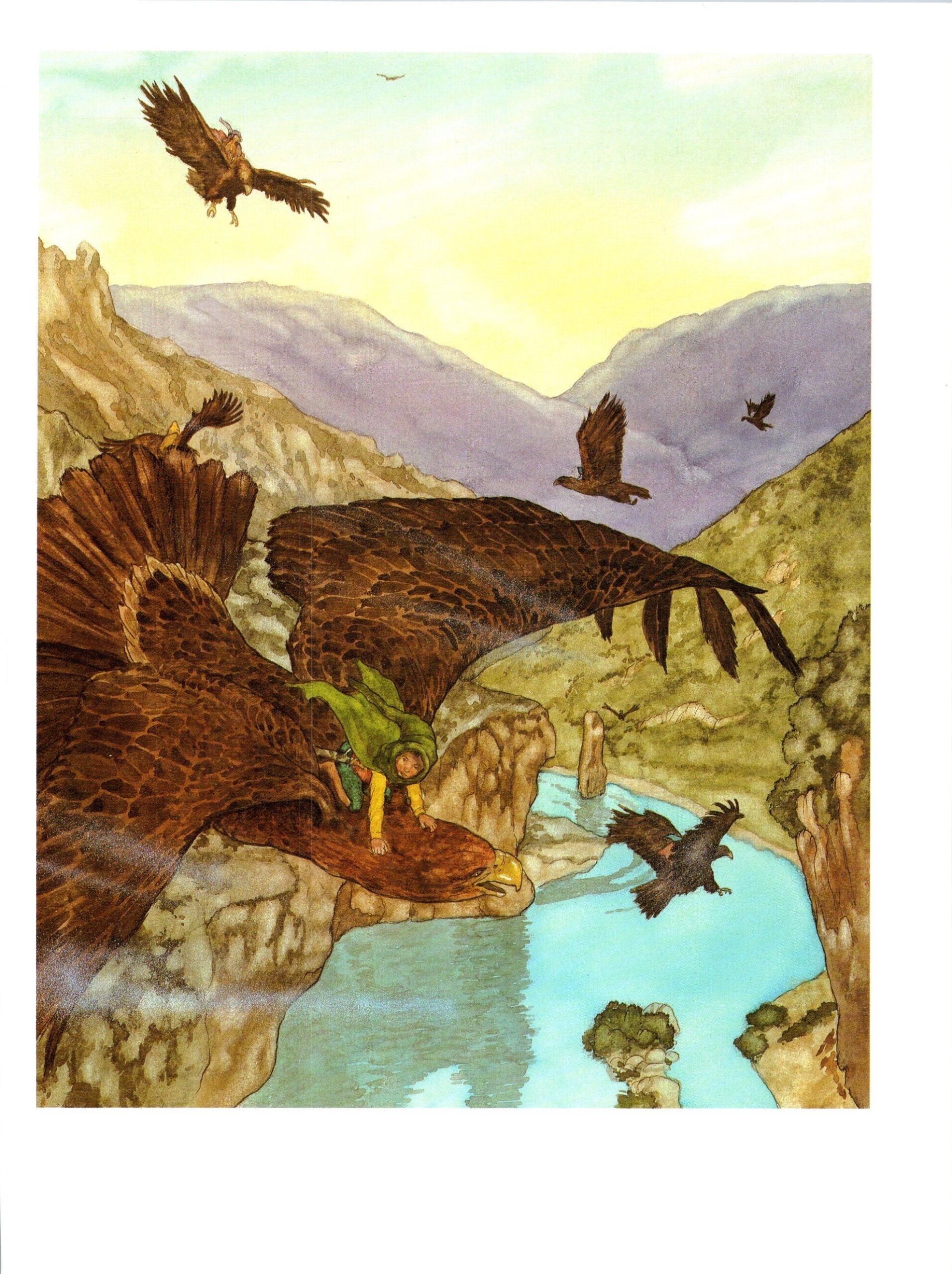 Flying with the Eagles by Michael Hague from The Hobbit Vintage art-book page - Image 3