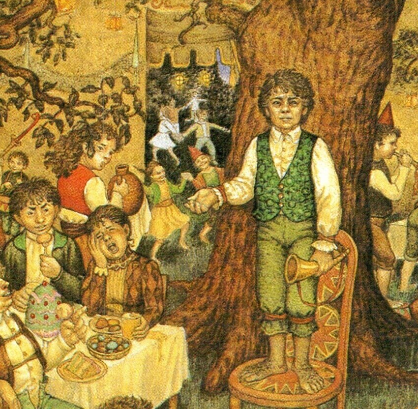 A Long-Expected Party by Inger Edelfeldt from The Fellowship of the Ring Vintage art-book page