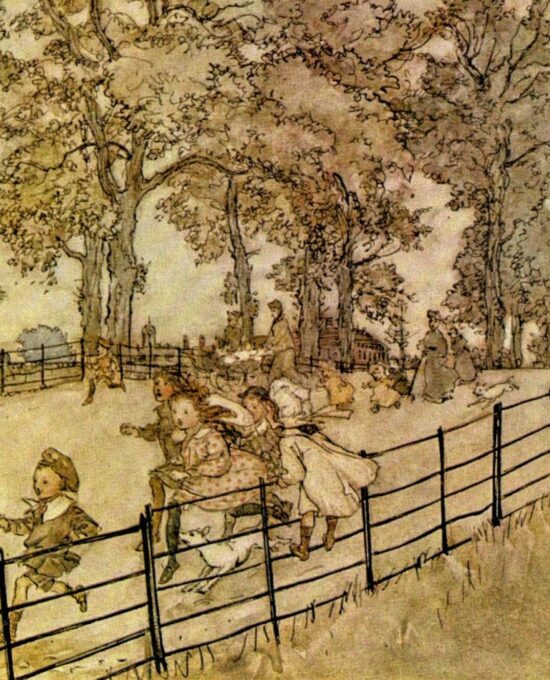 Arthur Rackham Vintage 2-sided fairy tale art book page “…a keen sense of fun” & “The Hump [on the] Broad Walk” Peter Pan