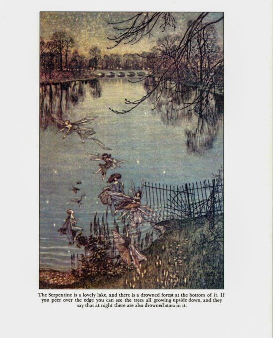 Arthur Rackham Vintage 2-sided fairy tale art book page “The Serpentine is a Lovely Lake…” & “The Fairies of the Serpentine” Peter Pan