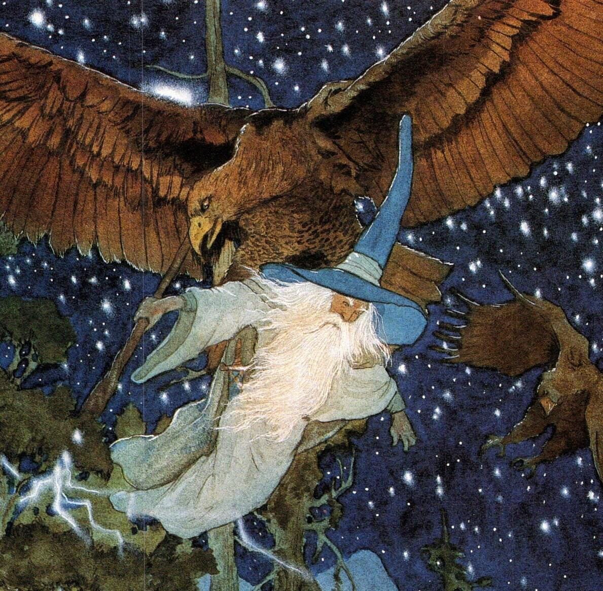 Rescued by Eagles by Michael Hague from The Hobbit Vintage art-book page