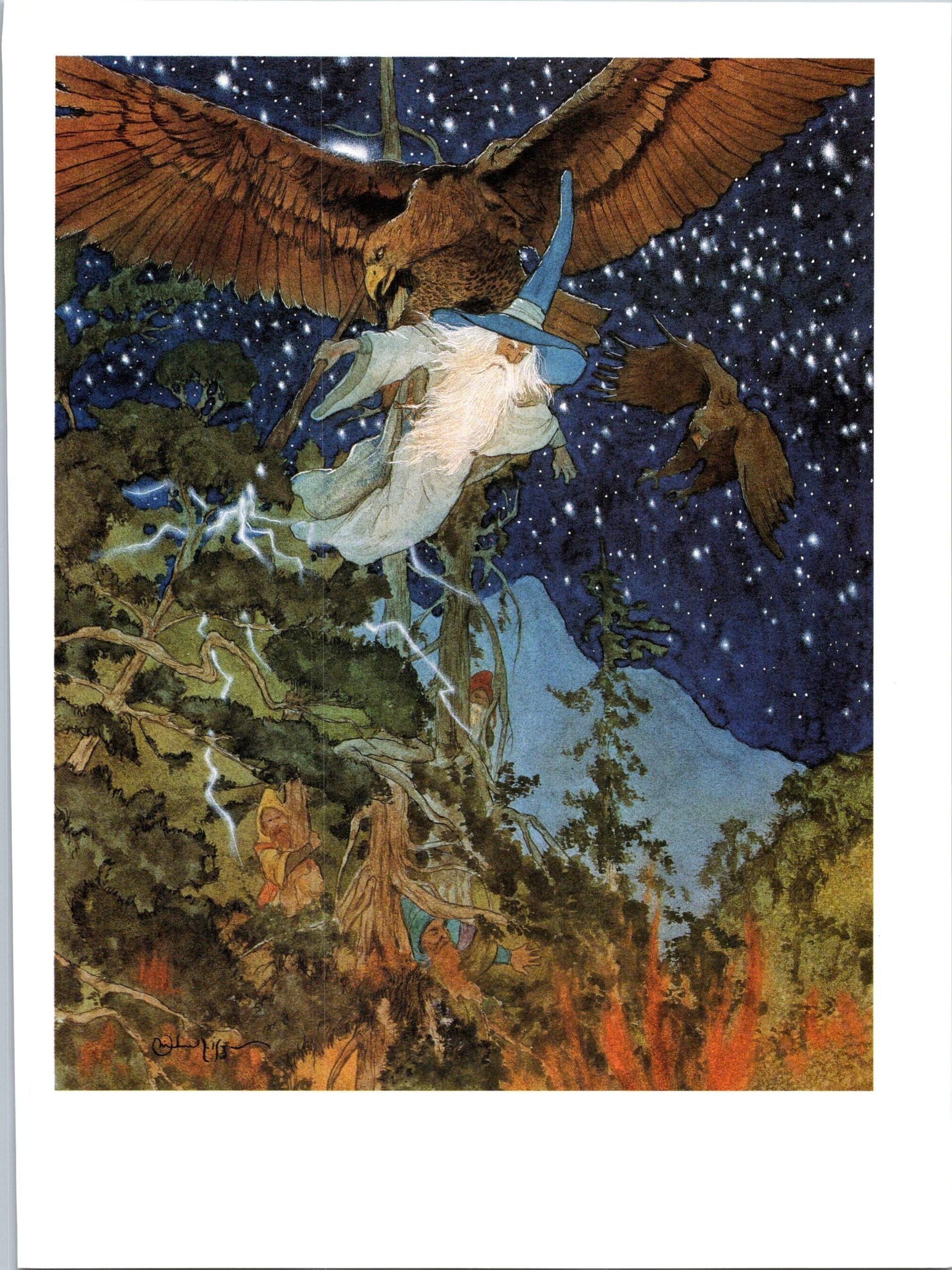 Rescued by Eagles by Michael Hague from The Hobbit Vintage art-book page - Image 3