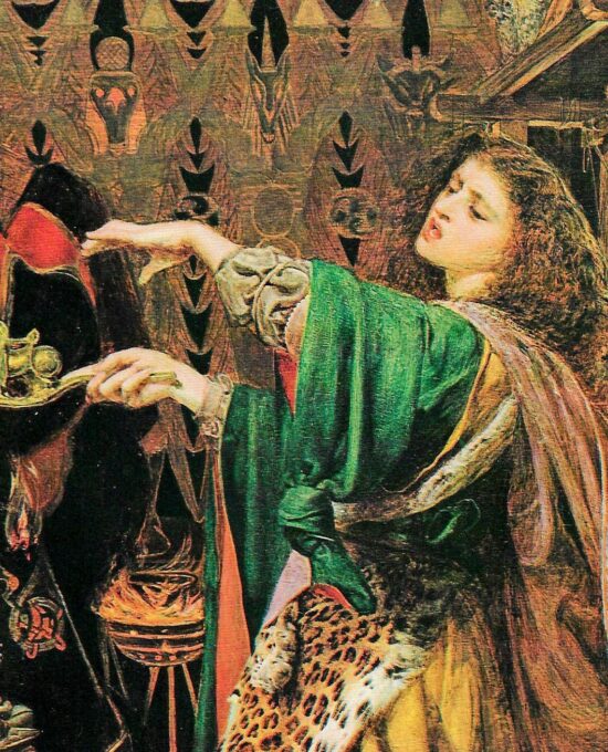 Morgan le Fay 1864 ’70s art book page Frederick Sandys Pre-Raphaelite