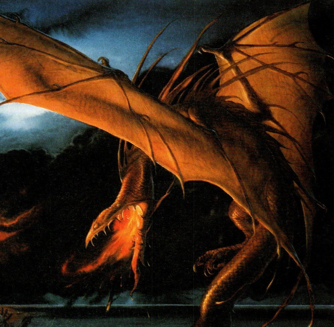 Smaug over Esgaroth by John Howe from The Hobbit Vintage art-book page