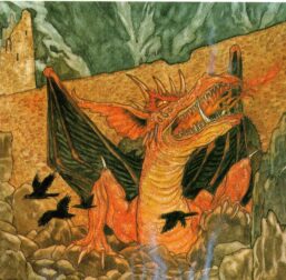 Smaug the Magnificent by Michael Hague from The Hobbit Vintage art-book page
