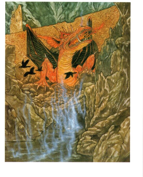 Smaug the Magnificent by Michael Hague from The Hobbit Vintage art-book page