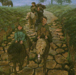 Leaving the Shire by Ted Nasmith from The Fellowship of the Ring Vintage art-book page