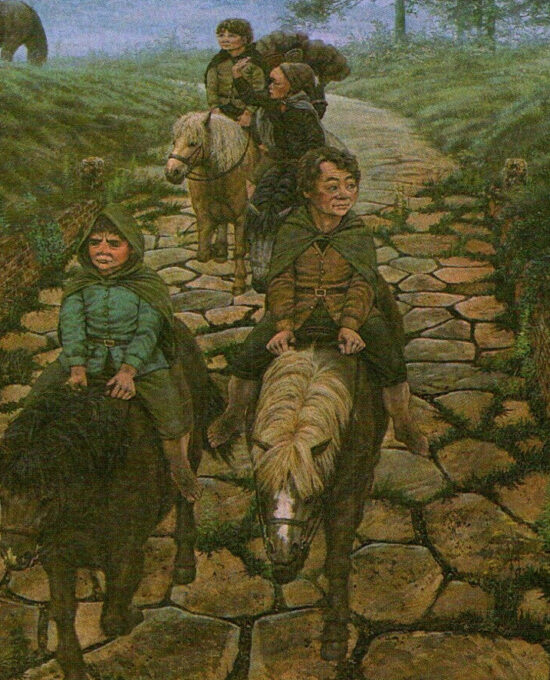 Leaving the Shire by Ted Nasmith from The Fellowship of the Ring Vintage art-book page