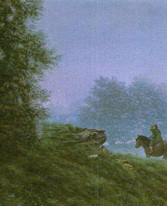 Leaving the Shire by Ted Nasmith from The Fellowship of the Ring Vintage art-book page