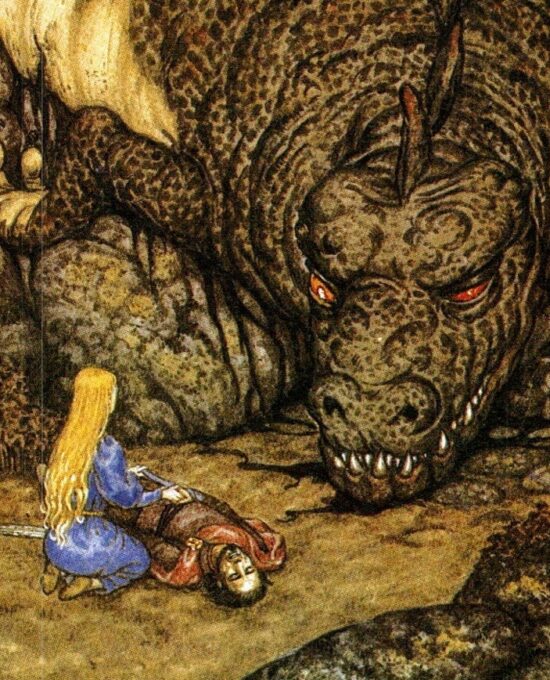 The Death of Glaurung by Inger Edelfeldt from The Silmarillion Vintage art-book page