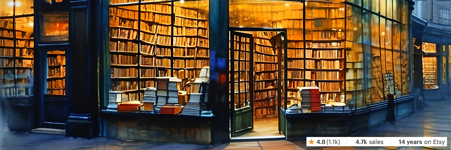An early evening view into the front window of an old fashion bookshop