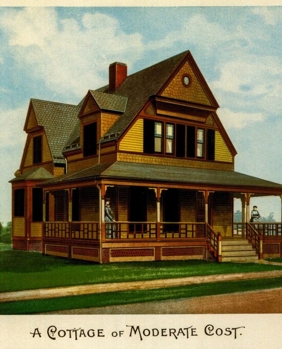 1891 Victorian Cottage Color Plate: Antique Architectural Lithograph