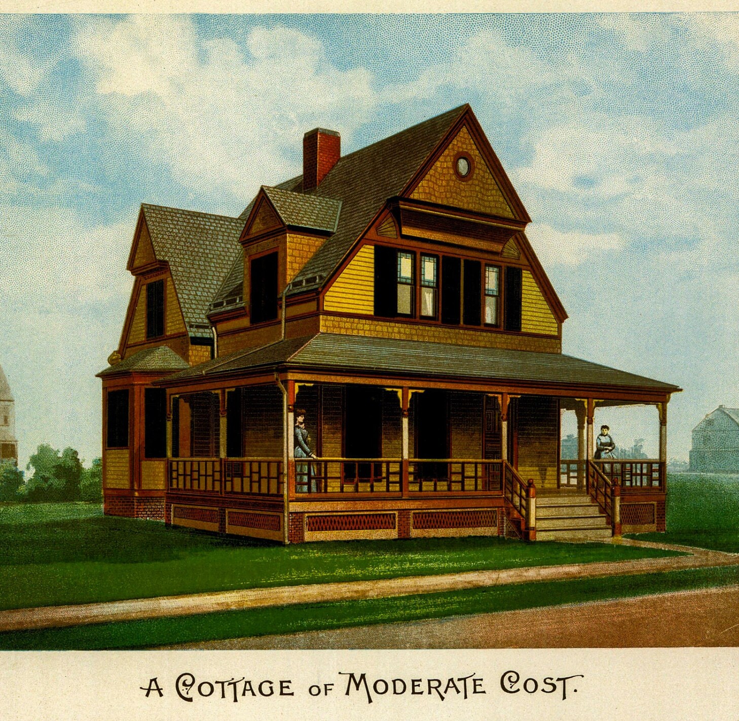 1891 Victorian Cottage Color Plate: Antique Architectural Lithograph