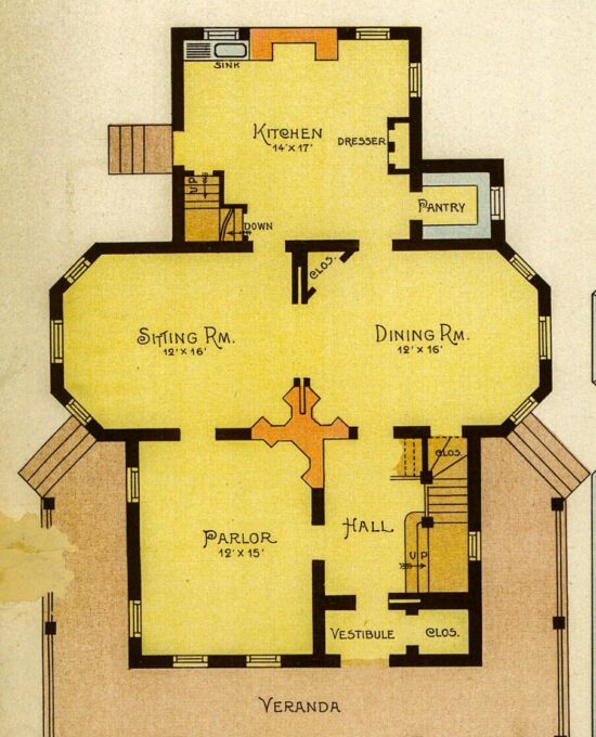 1891 Victorian Cottage Color Plate: Antique Architectural Lithograph