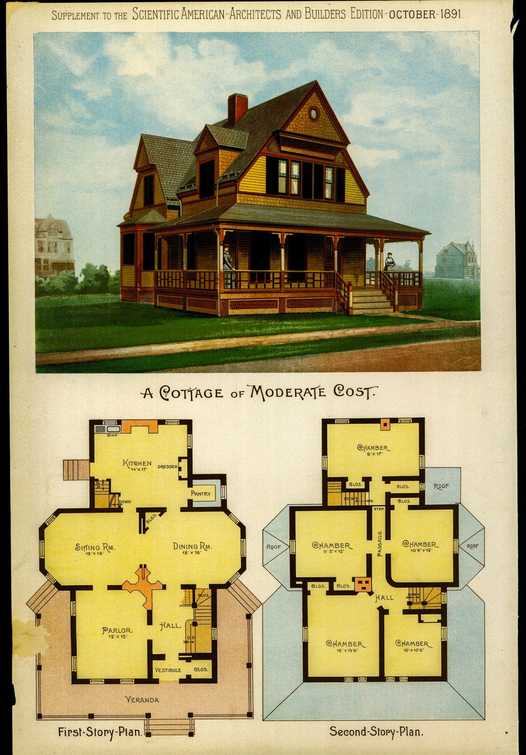 1891 Victorian Cottage Color Plate: Antique Architectural Lithograph - Image 4
