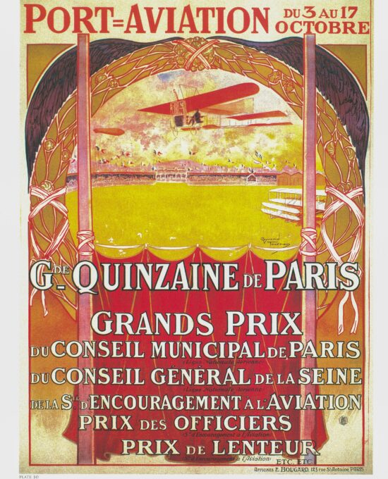 Antique Flight Illustration “Port-Aviation Gran Quinzaine Paris” 1910 Recovered vintage art book page