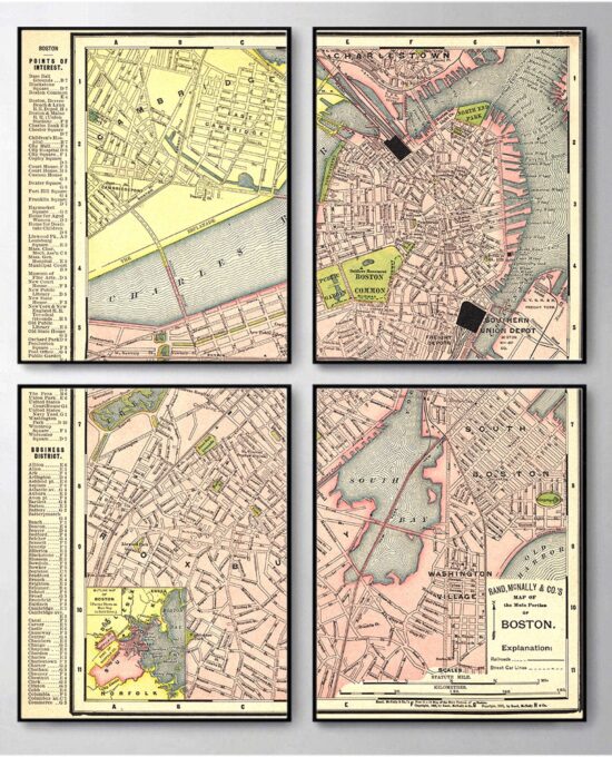 Boston antique map [1901] Quadriptych print Set of 4 8×10″ prints
