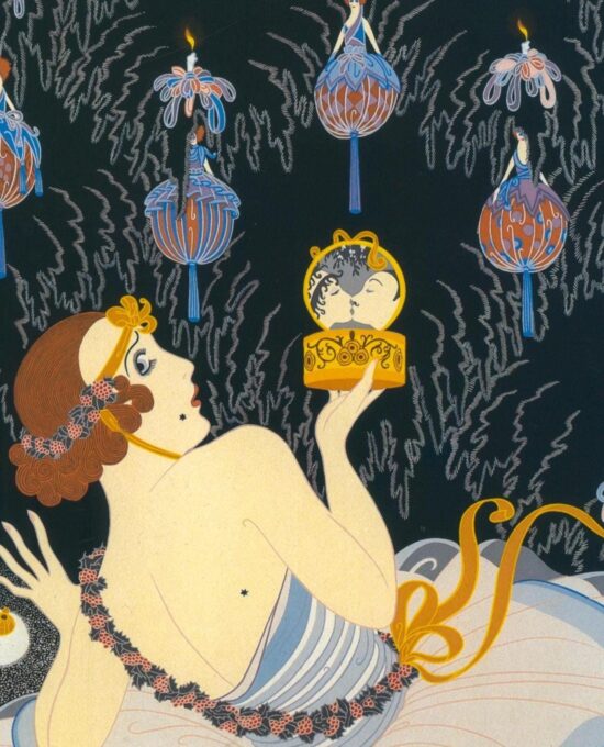 Vintage Erte Fashion Print: “Fox Fur/Stolen Kisses” Two-sided art book page