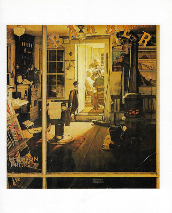 Norman Rockwell Vintage art book page “Shuffleton’s Barbershop” April 1950