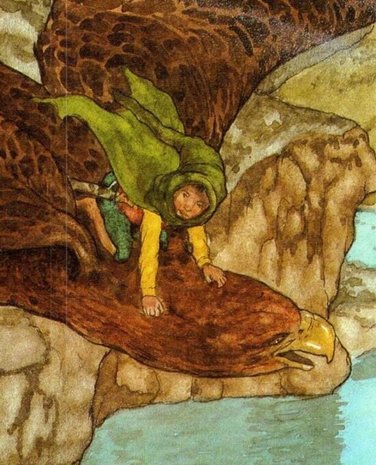 Flying with the Eagles by Michael Hague from The Hobbit Vintage art-book page