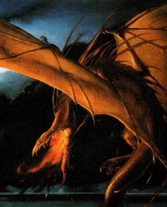 Smaug over Esgaroth by John Howe from The Hobbit Vintage art-book page