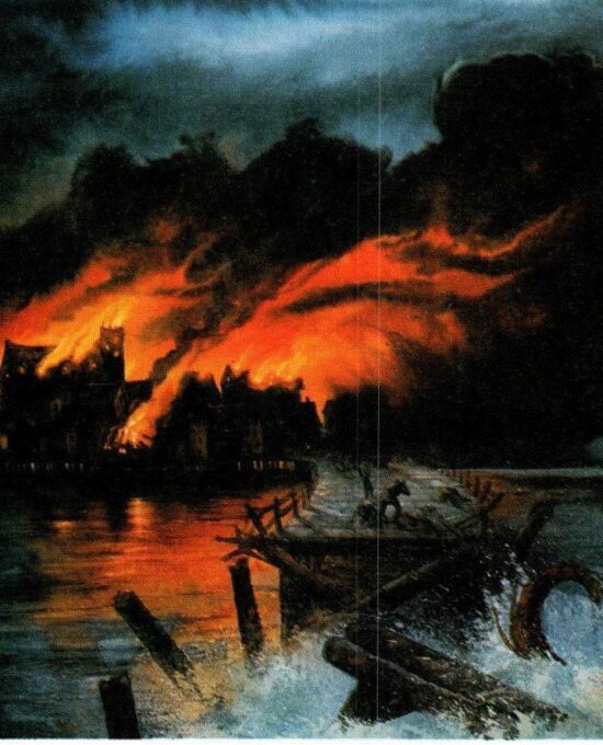 Smaug over Esgaroth by John Howe from The Hobbit Vintage art-book page