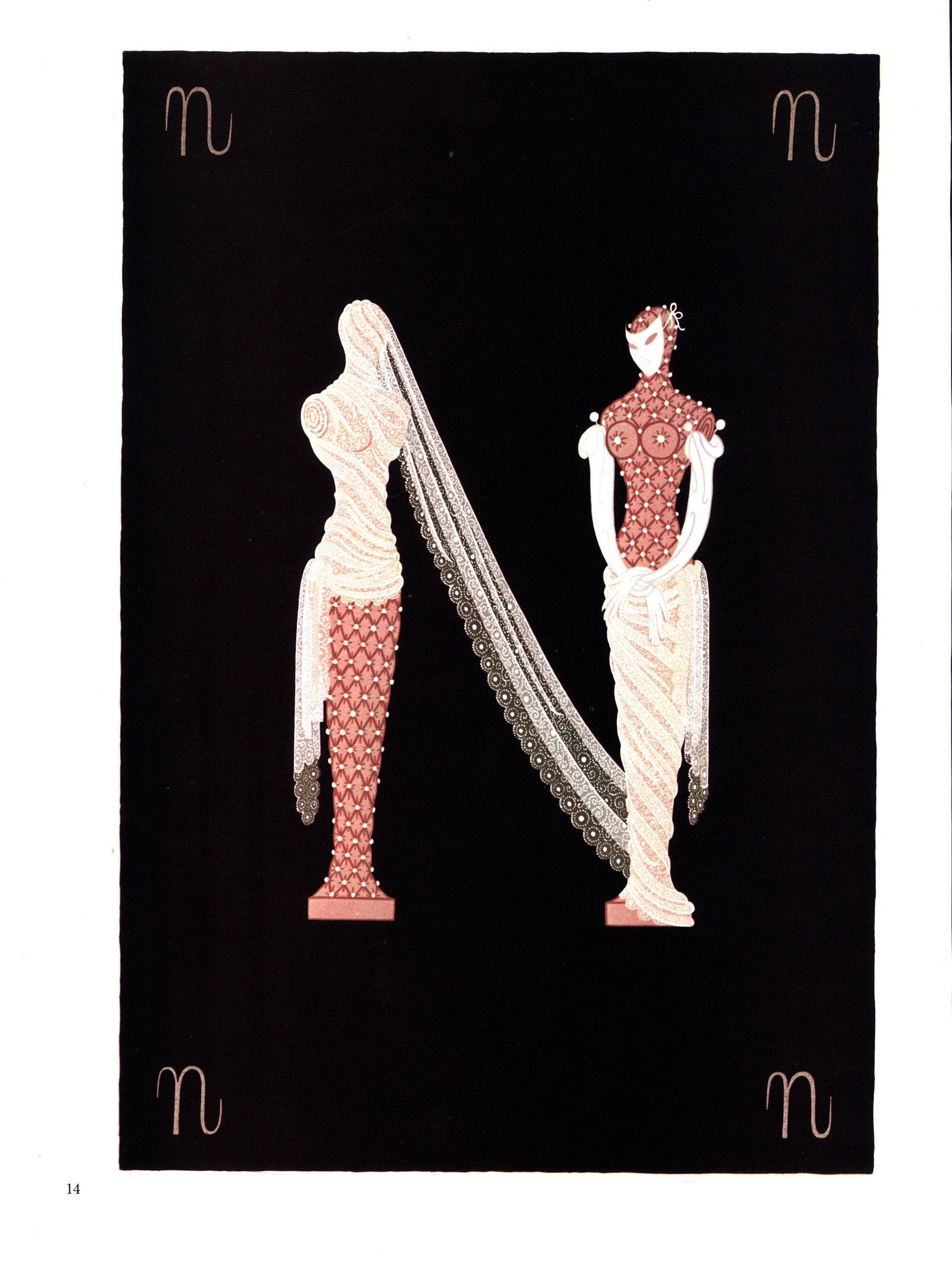 Erte The Alphabet series "M" & "N" 1977 Two-sided vintage book page - Image 2