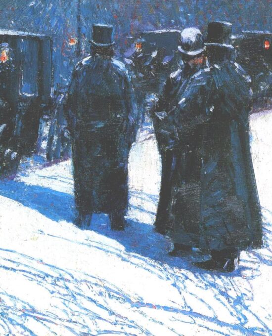 Childe Hassam “Cab Stand at Night, Madison Square, New York” Vintage art book page