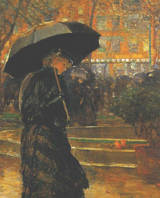 Childe Hassam “Rain Storm, Union Square, Manhattan” 1890 Vintage art book page