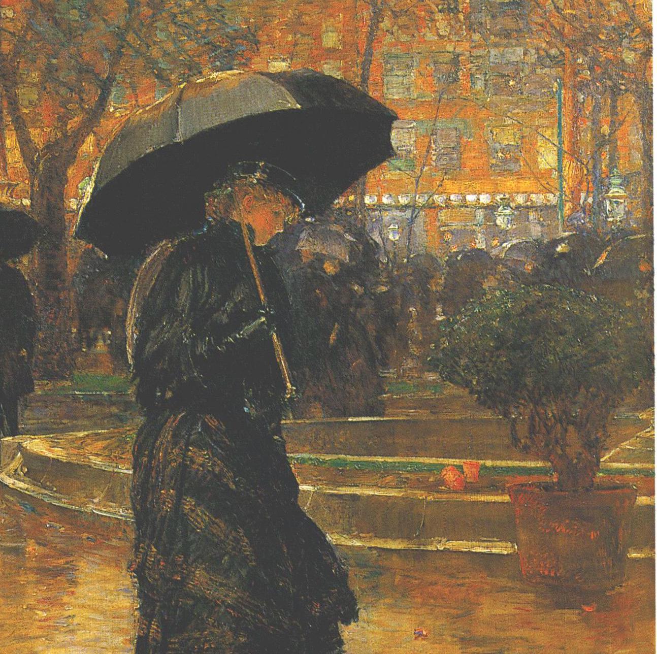 Childe Hassam "Rain Storm, Union Square, Manhattan" 1890 Vintage art book page