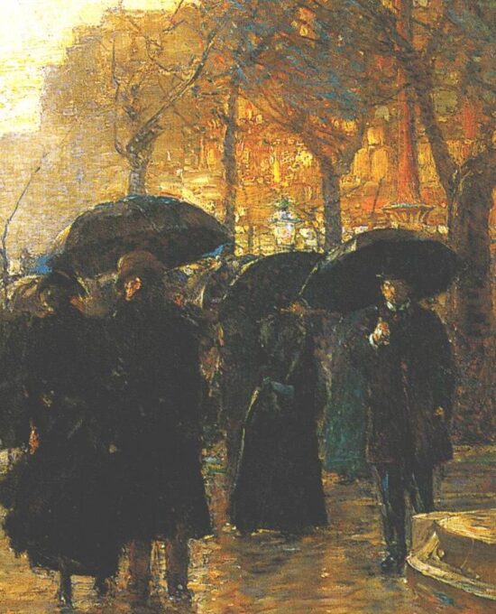 Childe Hassam “Rain Storm, Union Square, Manhattan” 1890 Vintage art book page