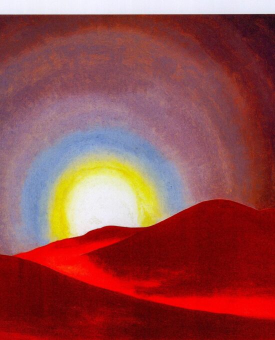 Georgia O’Keeffe Print: The Red Hills with Sun, Lake George – Vintage Art Book Page