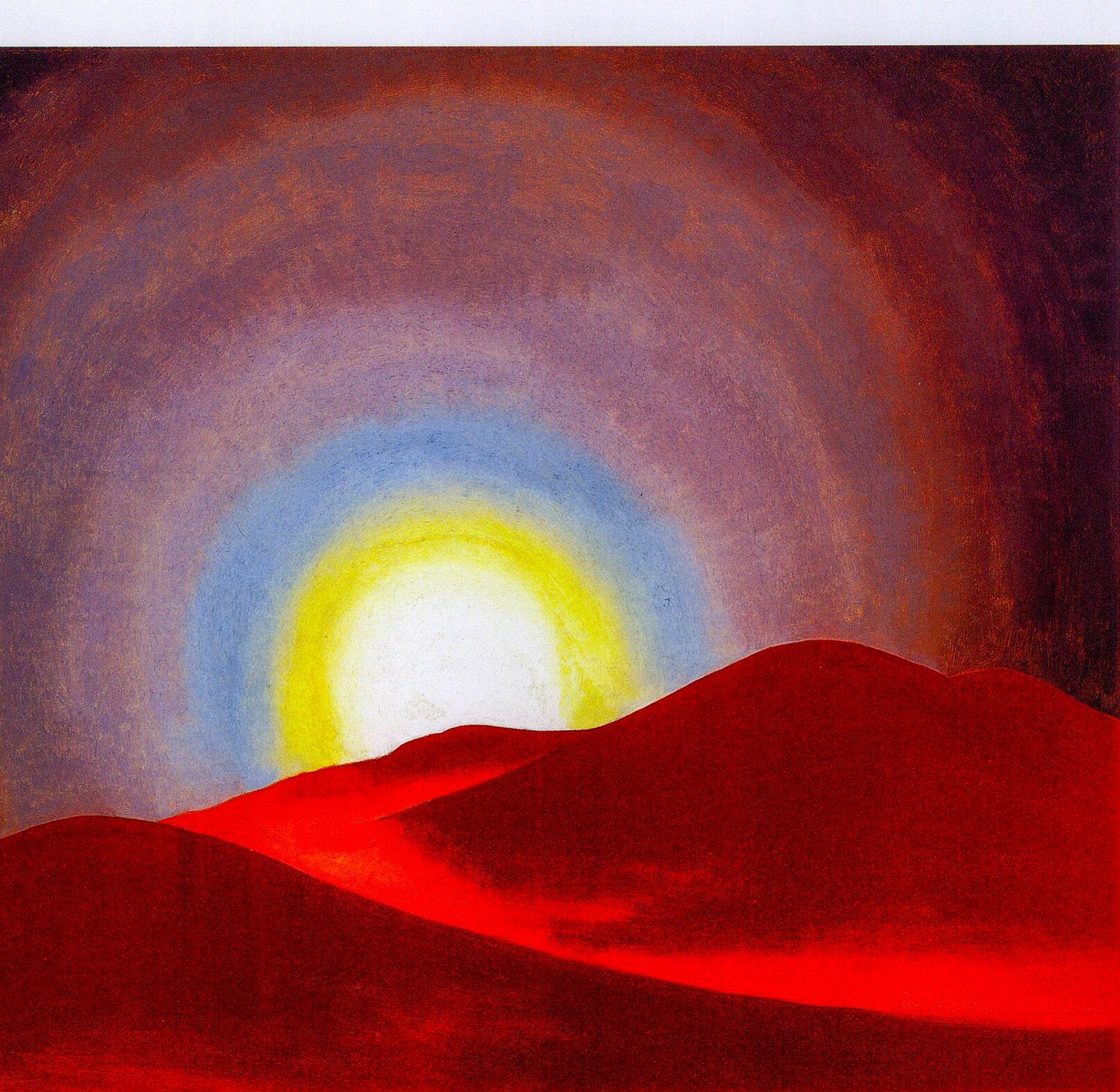 Georgia O'Keeffe Print: The Red Hills with Sun, Lake George - Vintage Art Book Page