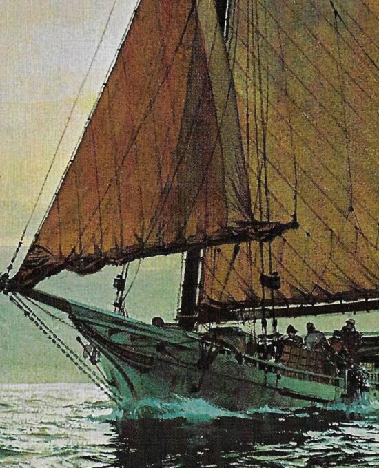 Vintage book page maritime print “Skipjacks at work – dredging oysters the traditional way” Carl G. Evers c.1972